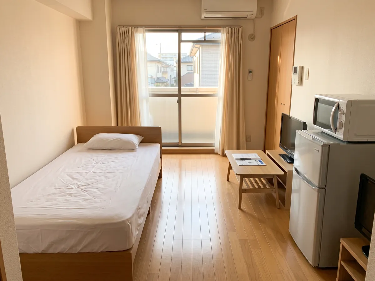 家具家電つきのワンルームの寮の部屋
