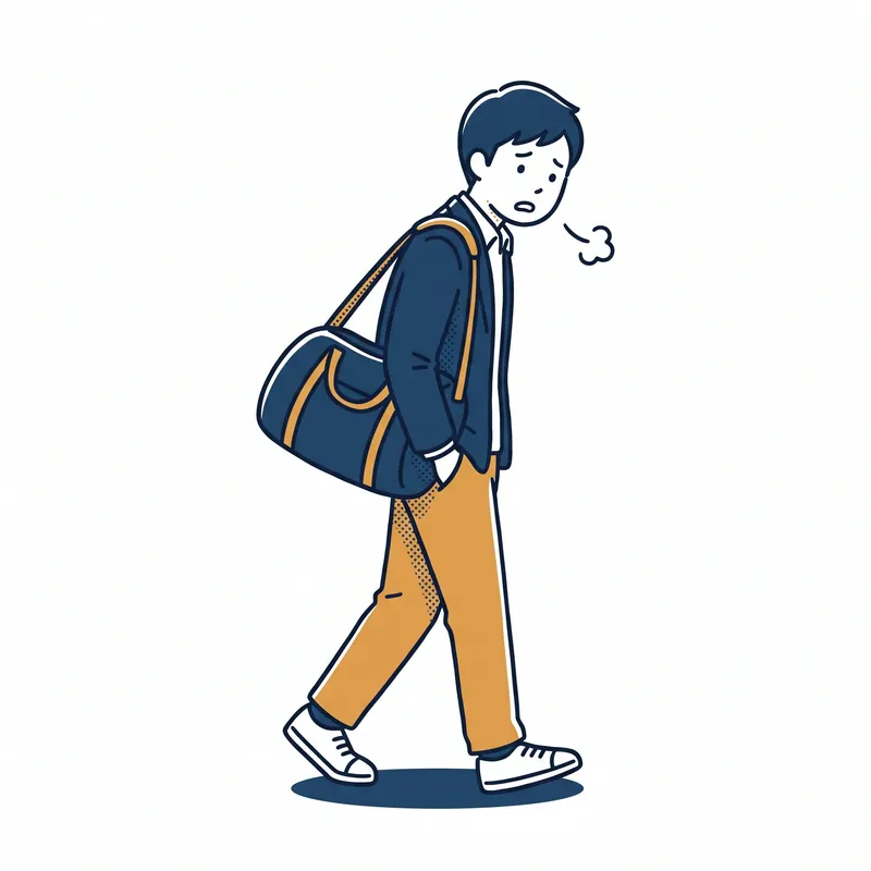 荷物を持って肩を落として歩く人のイラスト