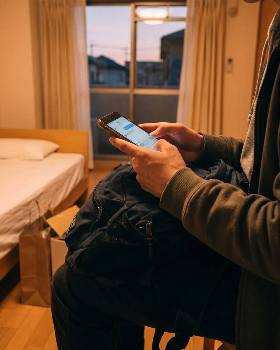 部屋でスマホからLINEで相談している手元