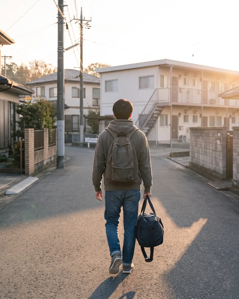 朝、荷物を持って寮へ向かう人の後ろ姿
